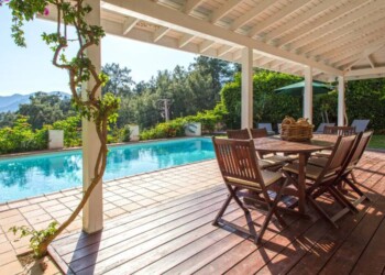 Beautiful House Swimming Pool View From The Veranda Summer Day.