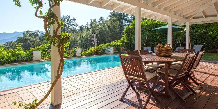 Beautiful House Swimming Pool View From The Veranda Summer Day.