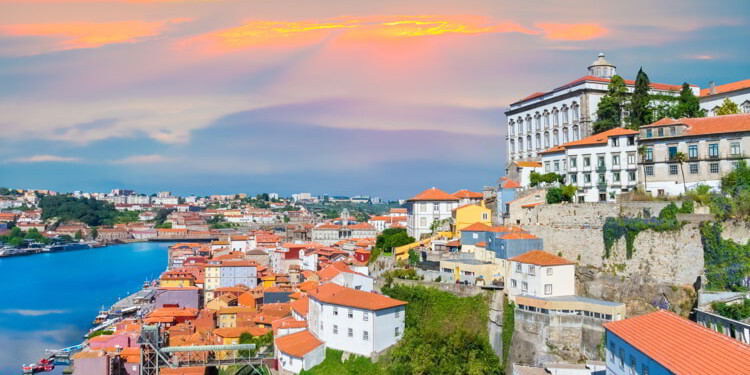 Cityscape panorama of Porto in sunset light, discover spain traditional architecture near Douro river in Portugal