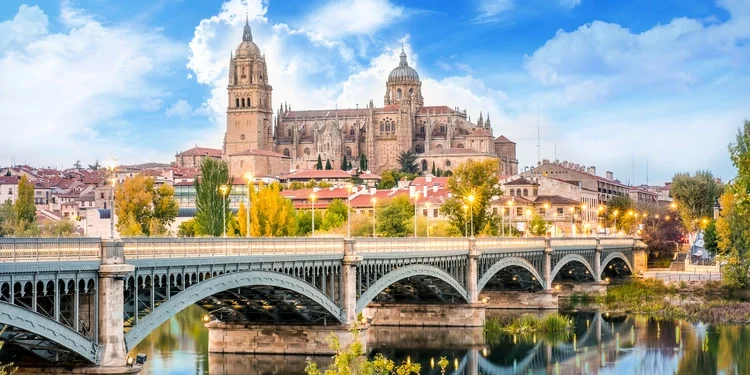 Cathedral of Salamanca and bridge over Tormes river. Spain