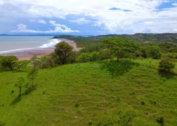 Green meadow with amazing view of tropical beach by the Pacific Ocean. life in Panama