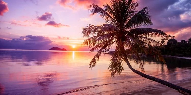 Bright sunset on a tropical paradise.
