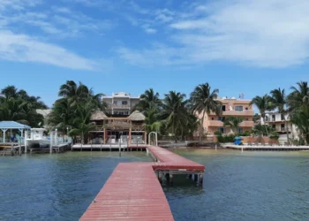 Colourful houses and palms at Caye Caulker island, Belize