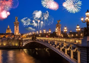 Alexandre III bridge with firework in Paris France
