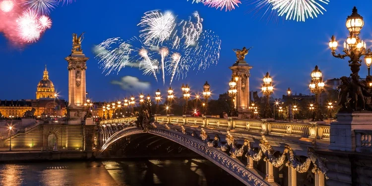 Alexandre III bridge with firework in Paris France