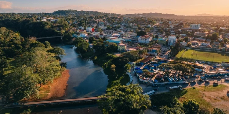 Aerial view of San Ignacio alongside the Macal River Belize